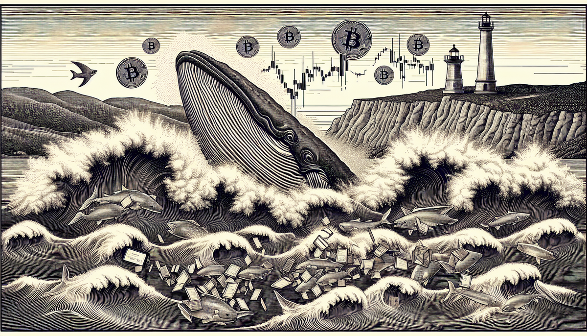 Victorian engraving of whale breaching from turbulent waters while bitcoin coins sink