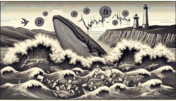 Victorian engraving of whale breaching from turbulent waters while bitcoin coins sink