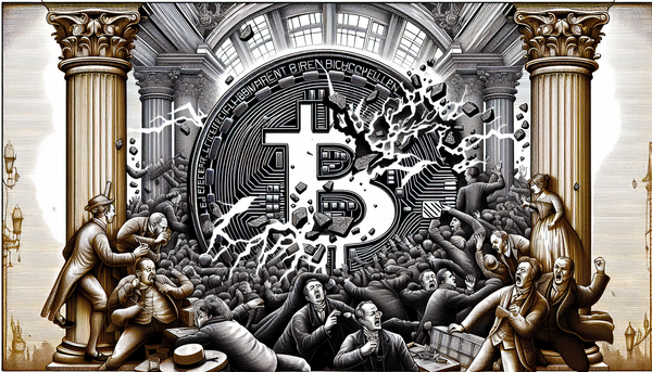Victorian engraving of cracked bitcoin coin with fearful traders
