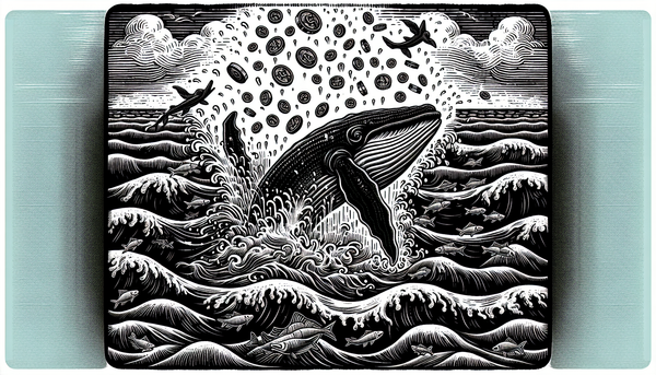 Victorian engraving illustration of a whale breaching from turbulent ocean with coins cascading